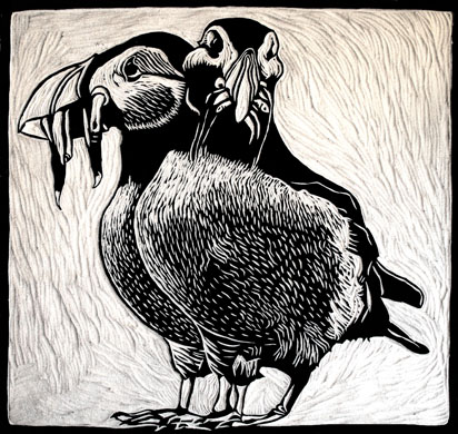 woodcut puffins